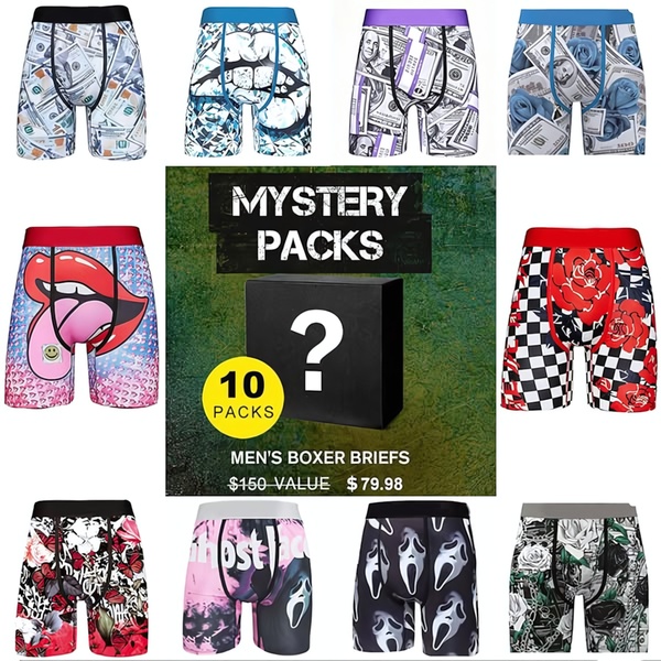 A high-conversion 1:1 square ad showcasing a mystery bundle of men's boxer briefs with a price-anchor discount.